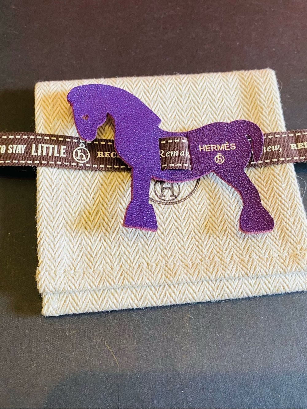 🛍️Hermès Authentic Petit H Purple Leather Horse Bag Charm with Hermes Ribbon